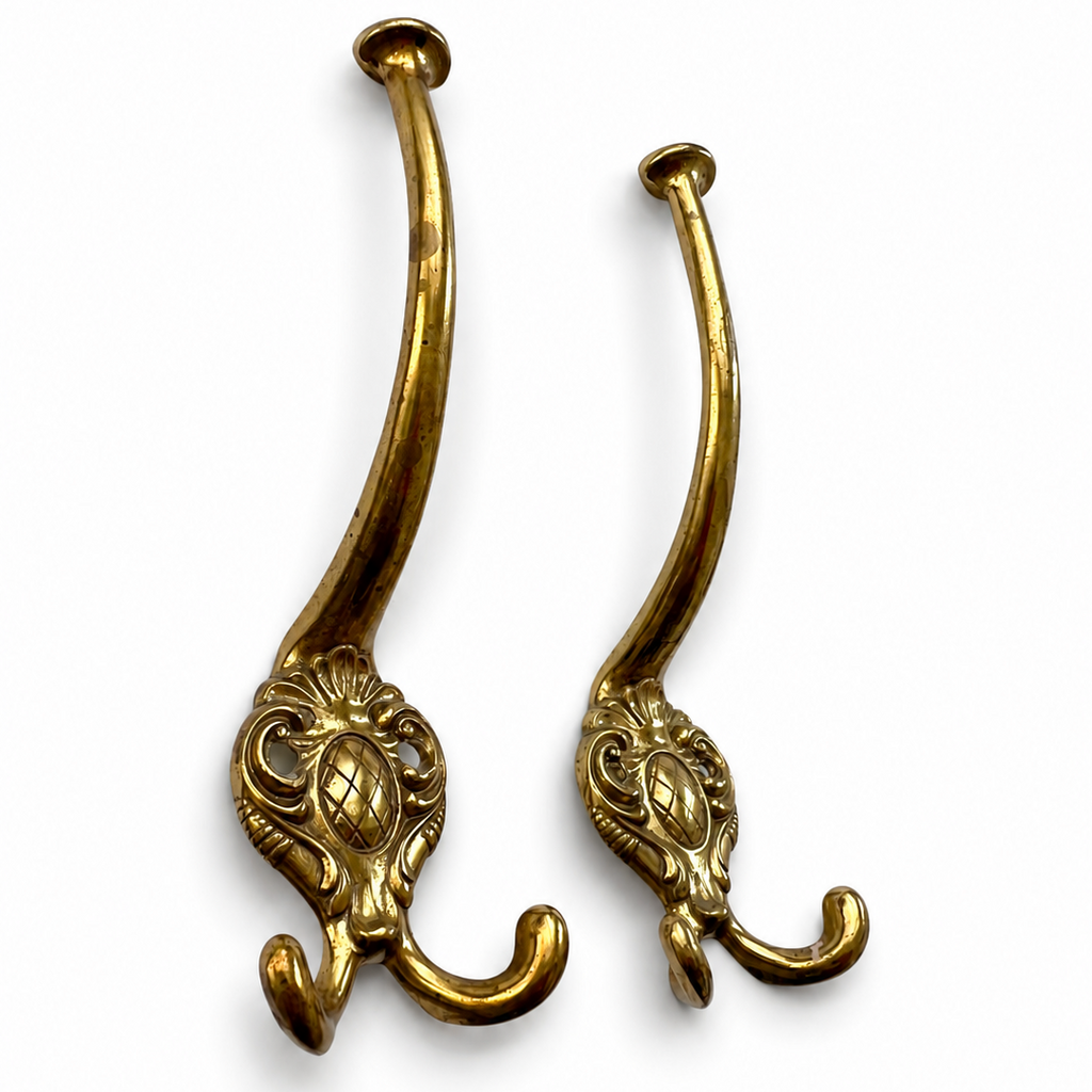 Pair Vintage Double Brass Wall Hooks, Ornate Coat Hat Hangers