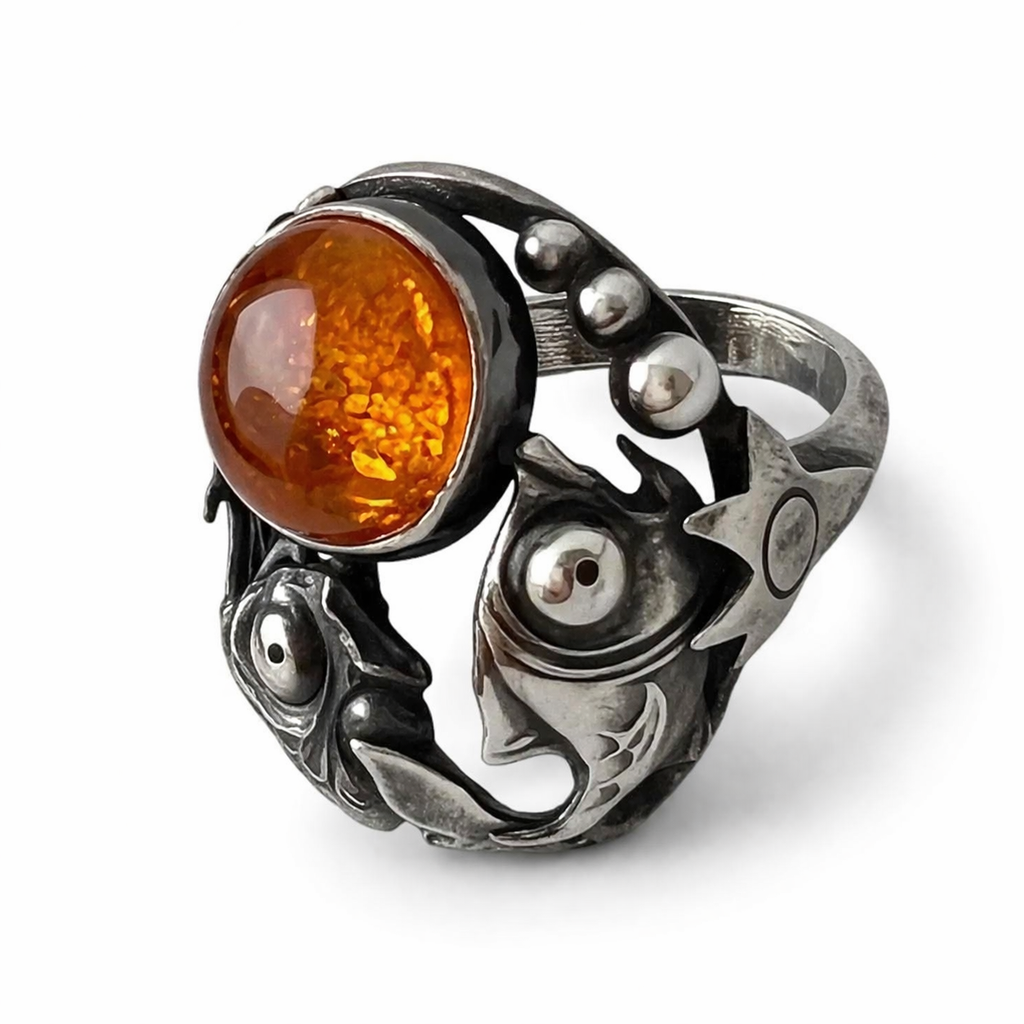 Niels Erik From Danish Sterling Silver Amber Ring Scandinavian Fish Design