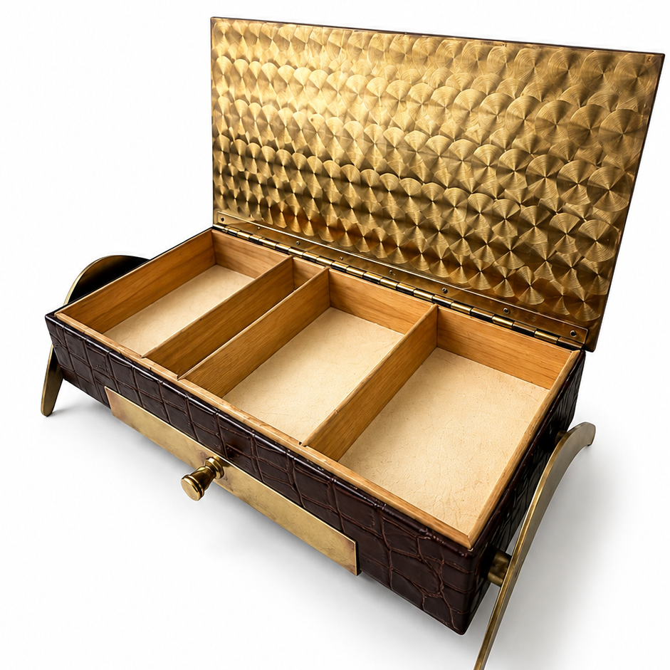 Vintage Brass and Wood Desk Box, Crocodile Effect Storage Box