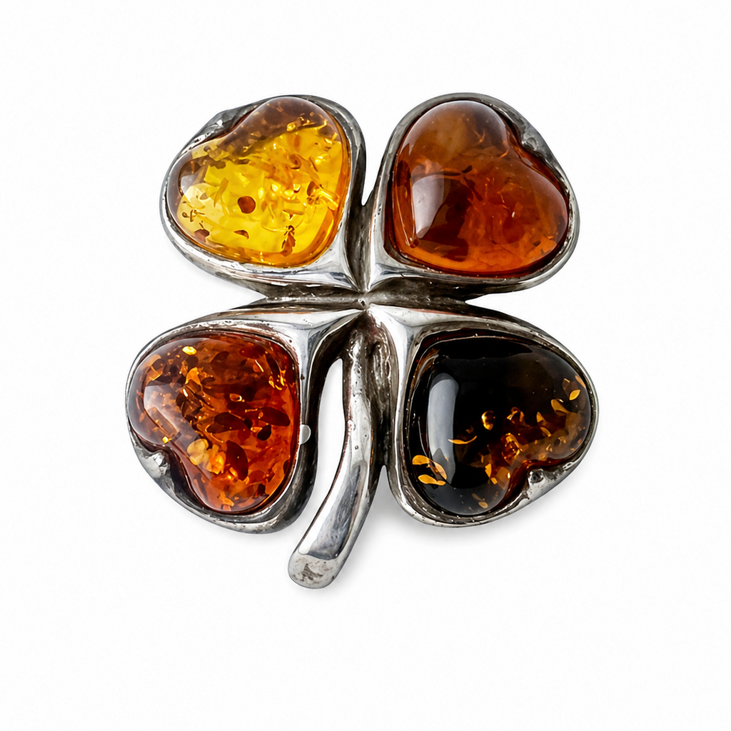 Vintage Baltic Amber Four-Leaf Clover Brooch. Good Luck Charm in Sterling Silver