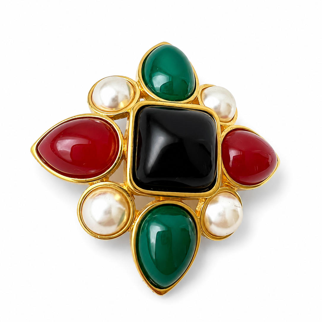 Vintage Joan Rivers Maltese Cross Brooch Gold Tone Cabochon Faux Pearl Pin