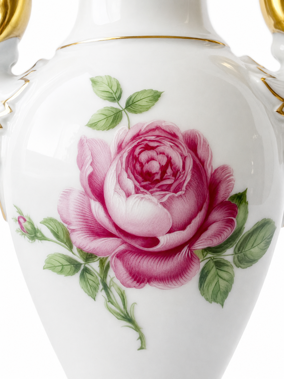 AK Kaiser Amphora Vase, Moss Rose Porcelain Swan Handle Vase, 24K Gold, West Germany