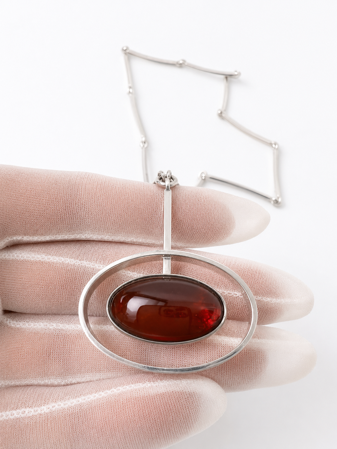 Niels Erik From Denmark Sterling Silver Amber Modernist Scndinavian Pendant Necklace