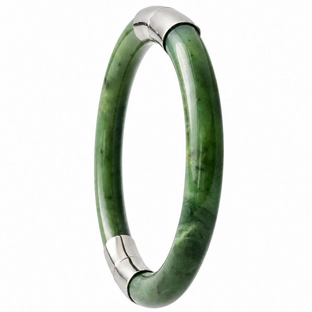 Vintage Nephrite Jade Bangle Bracelet With Silver Tone Caps.