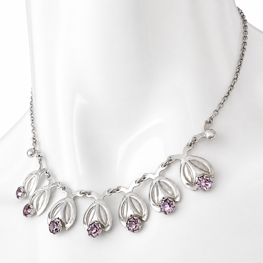 Vintage Danish Sterling Silver Floral Necklace Purple Crystal Hermann Siersbøl Scandinavian