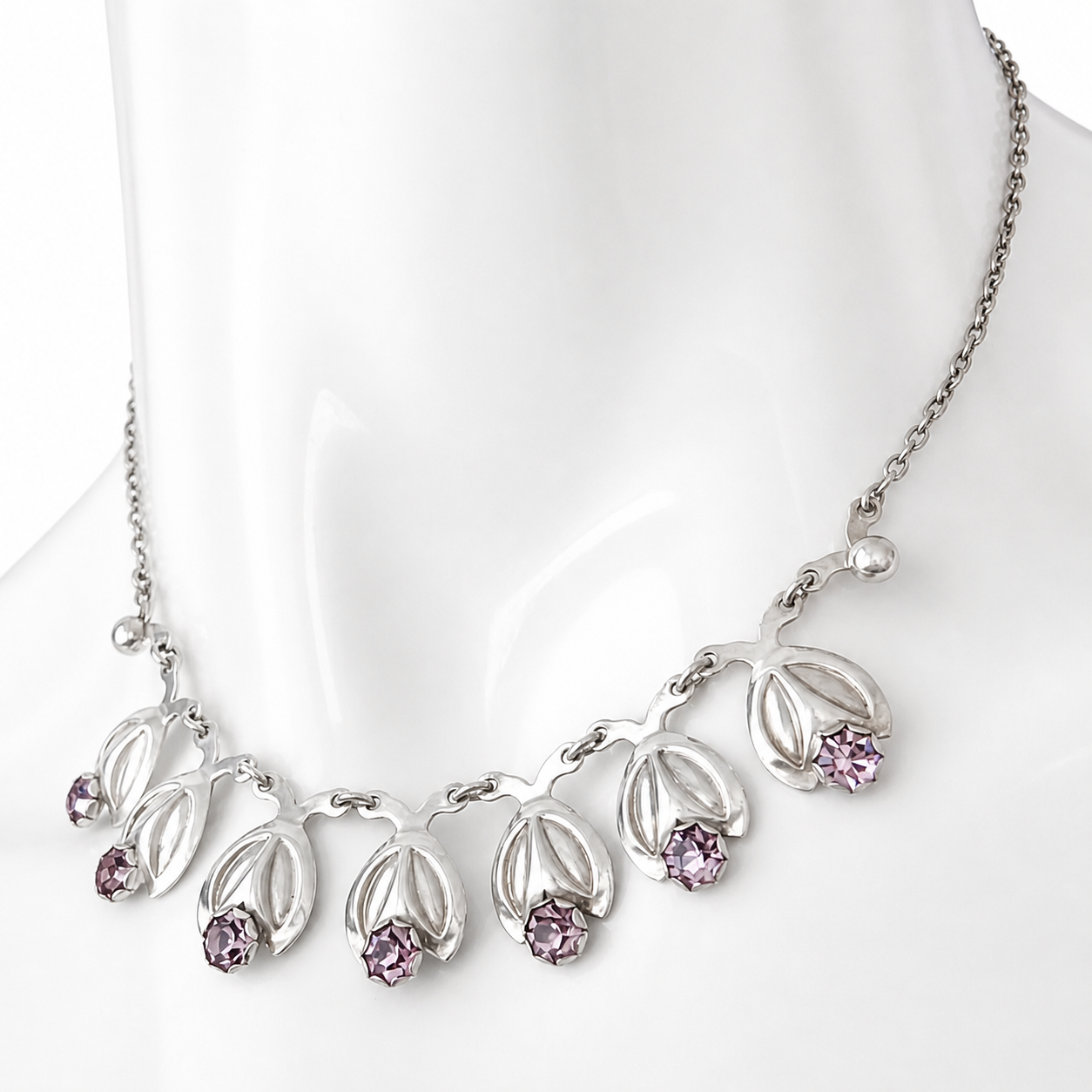 Vintage Danish Sterling Silver Floral Necklace Purple Crystal Hermann Siersbøl Scandinavian