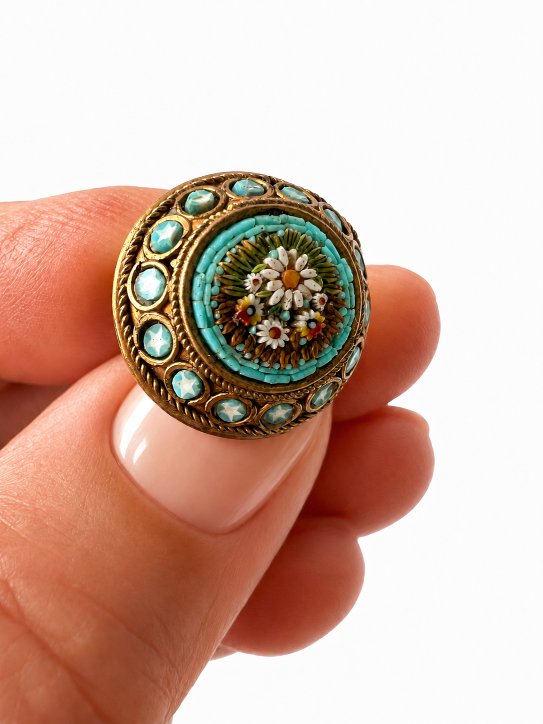 Antique Italian Micro Mosaic Brooch, Turquoise Floral Gilt Pin, Early 20th Century