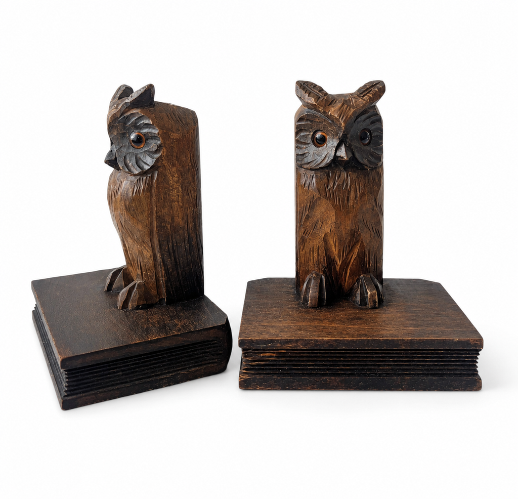 Vintage Hand-Carved Owl Bookends, 1960s–1970s Wooden Bookends