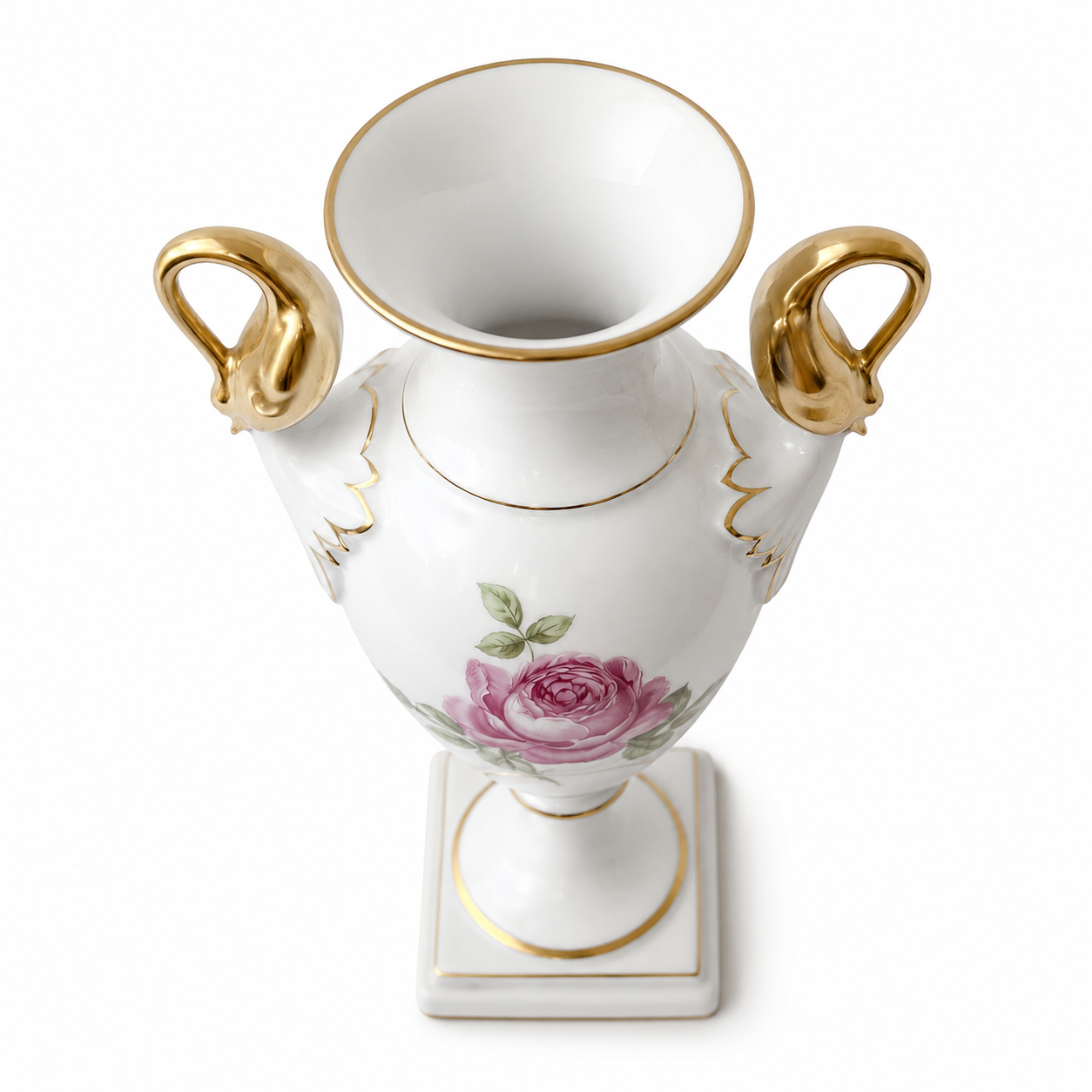 AK Kaiser Amphora Vase, Moss Rose Porcelain Swan Handle Vase, 24K Gold, West Germany