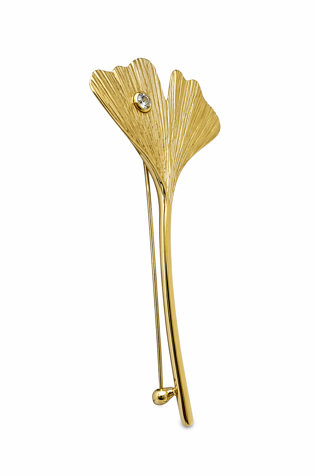 Vintage 9ct Gold Ginkgo Leaf Brooch, 375 Pin with Cubic Zirconia