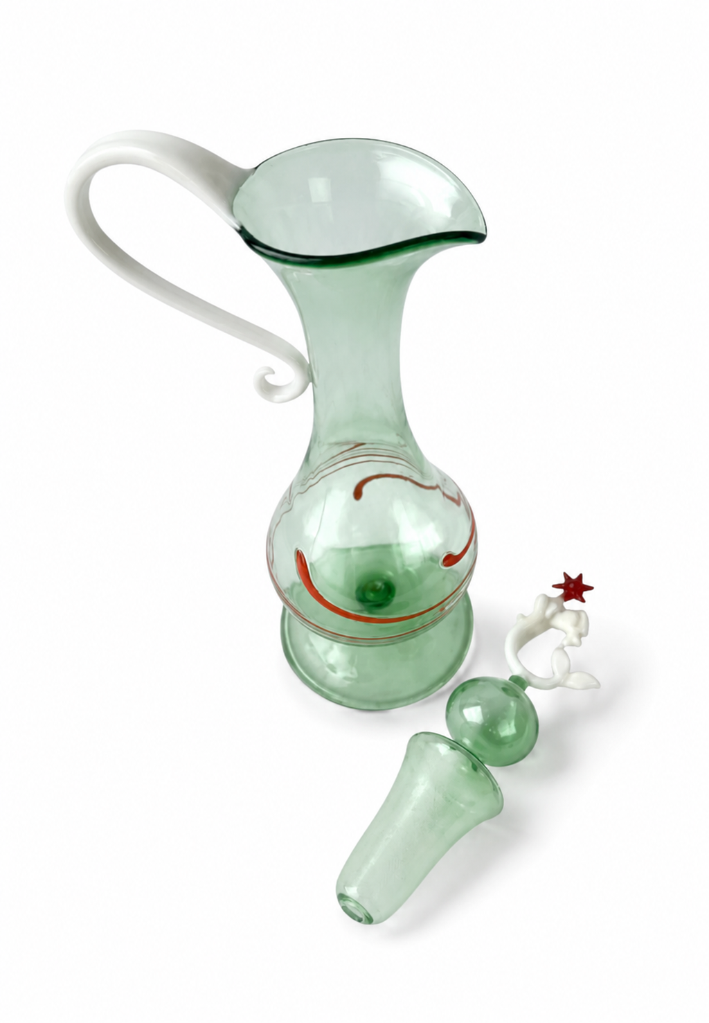 Lauscha Mermaid Glass Decanter Set, German Art Deco Green Glass Stemware, Circa 1900s