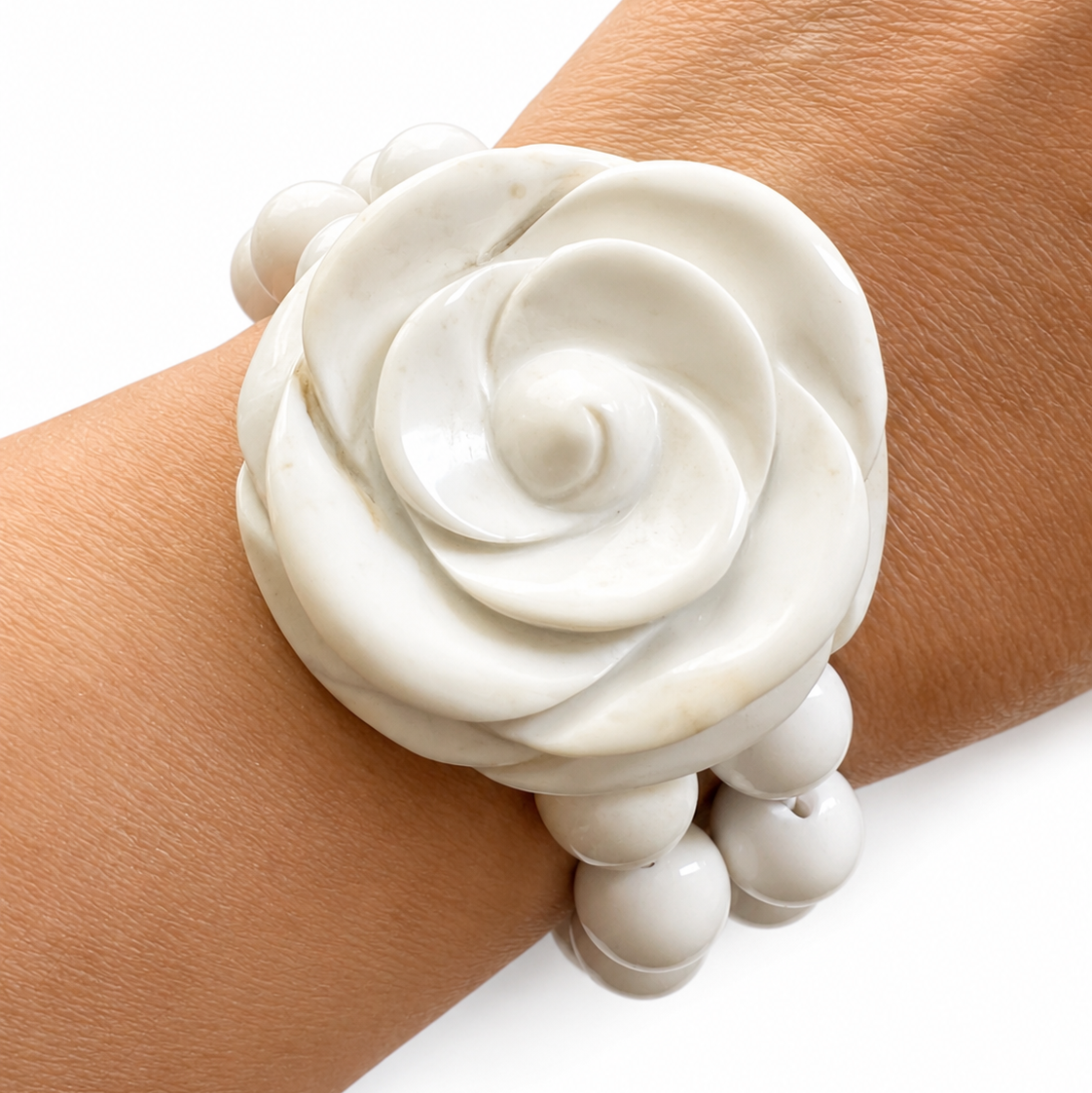 Vintage Hand Carved White Agate Flower Bracelet, Heavy Statement Bead Bracelet