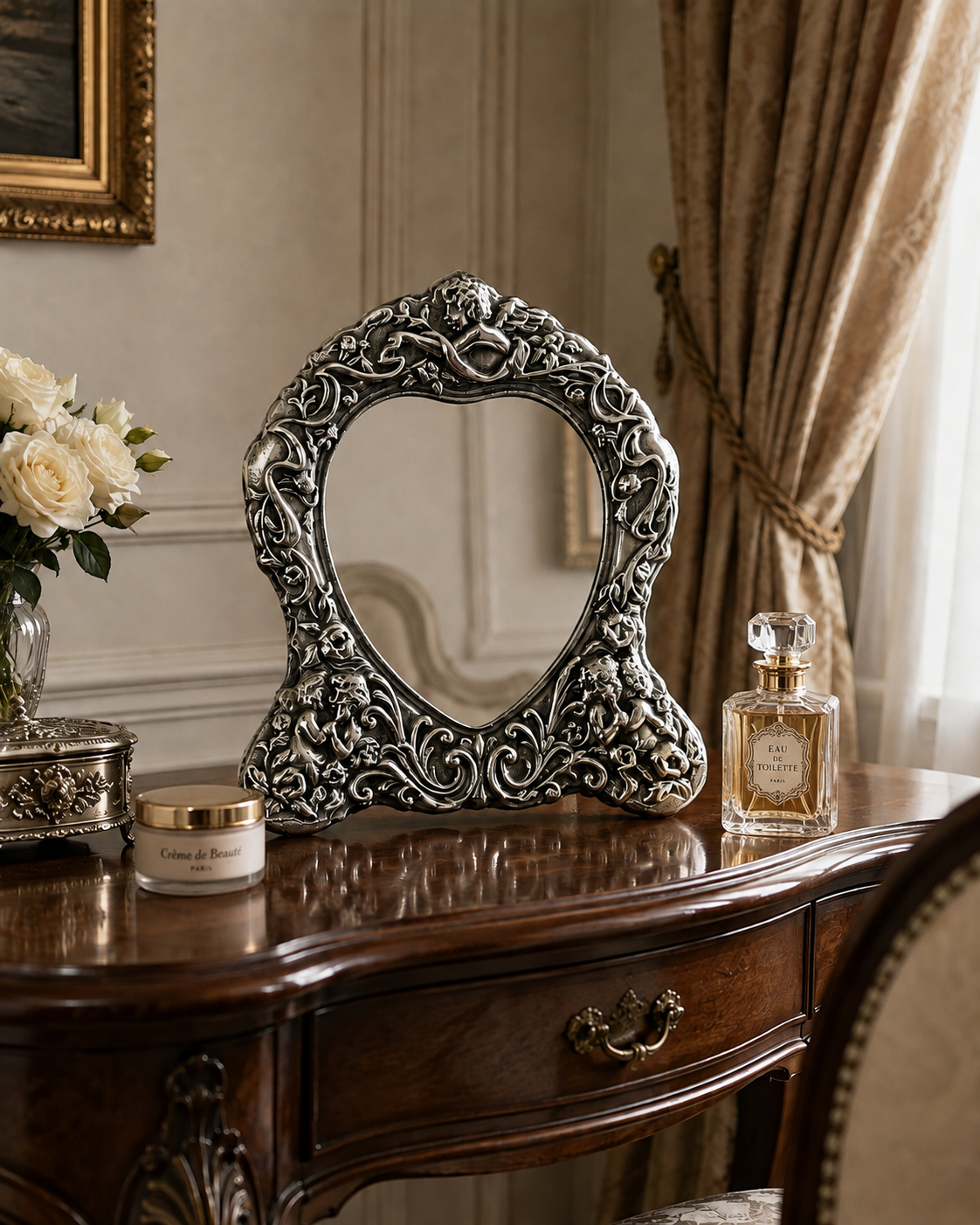 Vintage Carr’s Sheffield Sterling Silver Cherub Heart Table Mirror