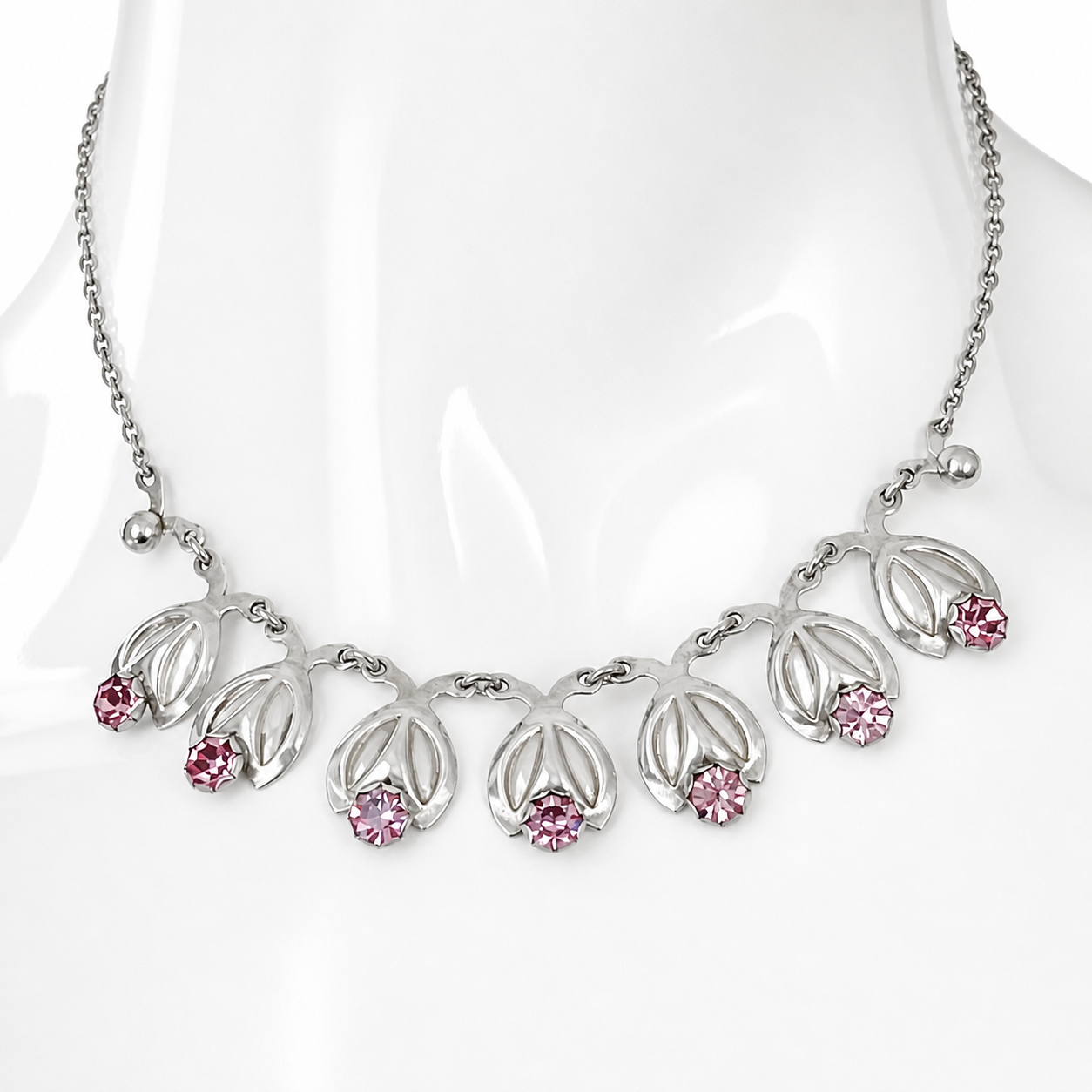 Vintage Danish Sterling Silver Floral Necklace Purple Crystal Hermann Siersbøl Scandinavian
