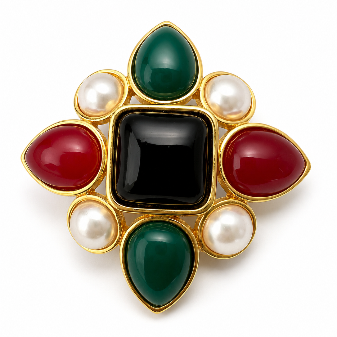 Vintage Joan Rivers Maltese Cross Brooch Gold Tone Cabochon Faux Pearl Pin