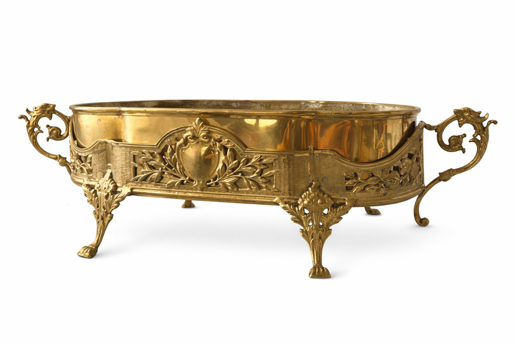 Antique French Dragon-Handle Brass Jardinière, Planter, Oval Footed Centrepiece.