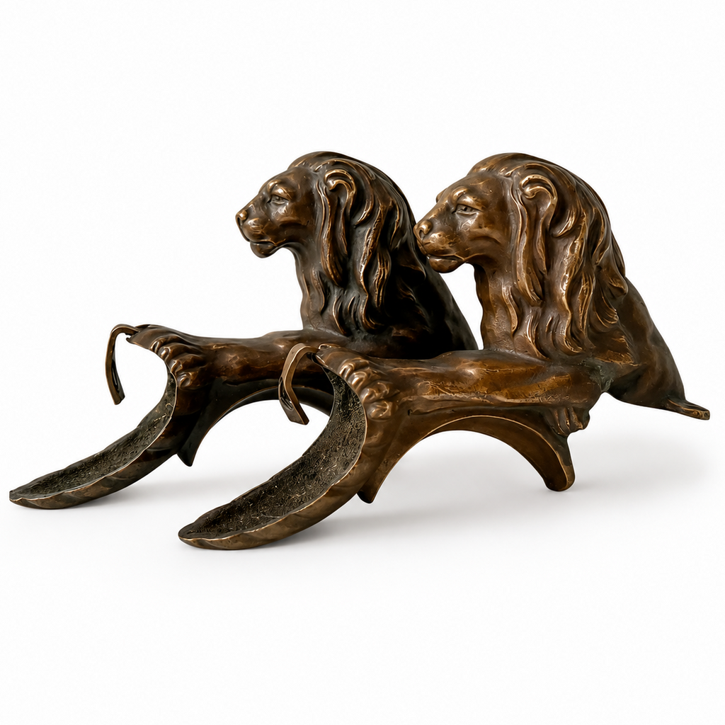 Antique Bronze Lion Armrest Mounts, Pair, 19th Century Empire Revival Furniture Fittings