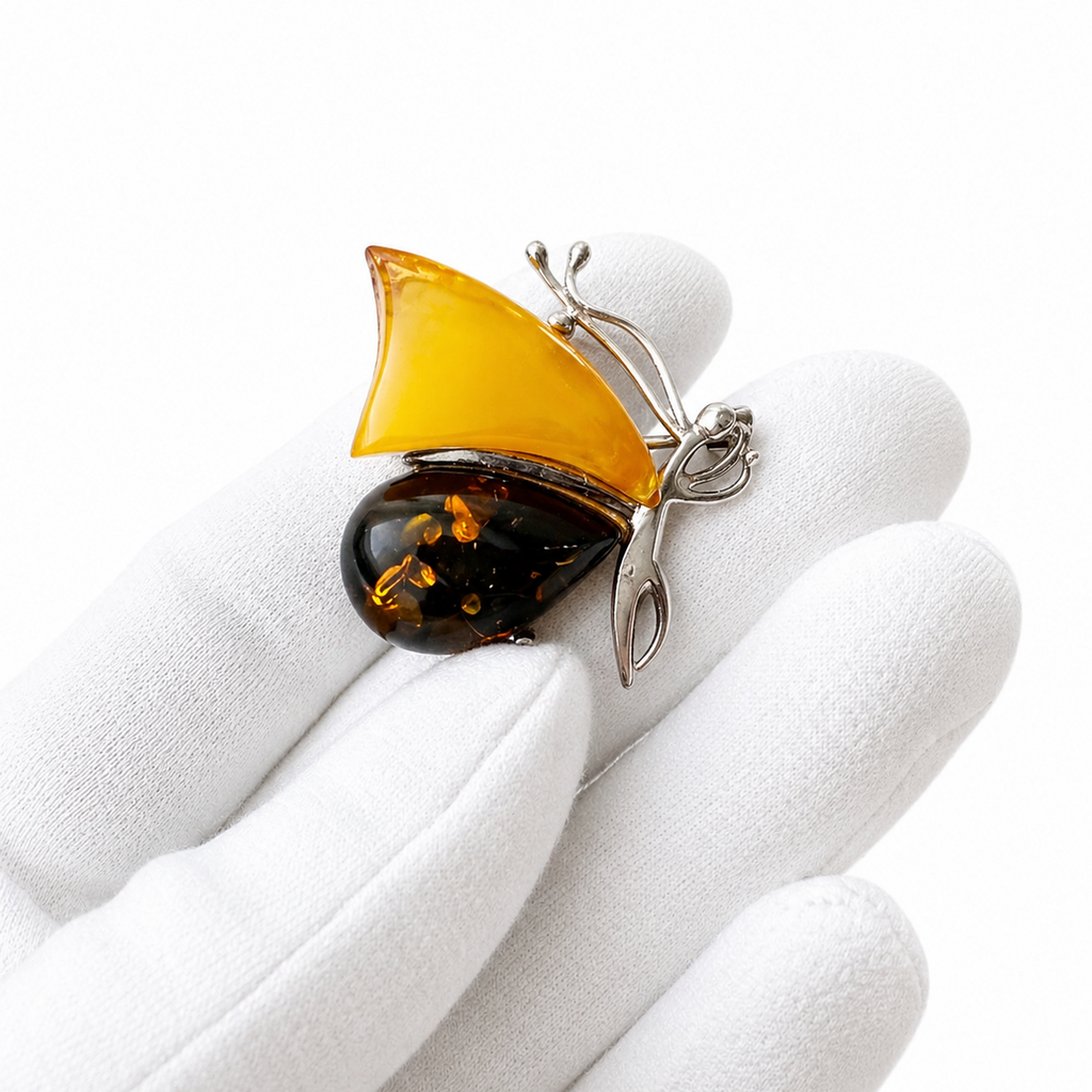 Vintage Butterfly Brooch Baltic Amber Silver