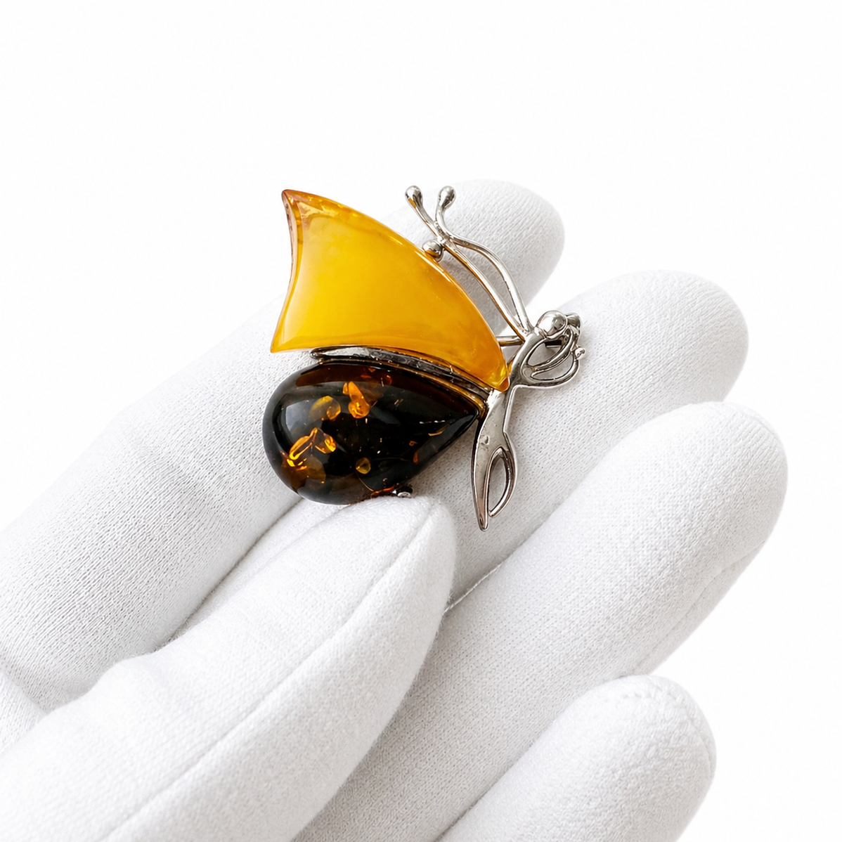 Vintage Butterfly Brooch Baltic Amber Silver