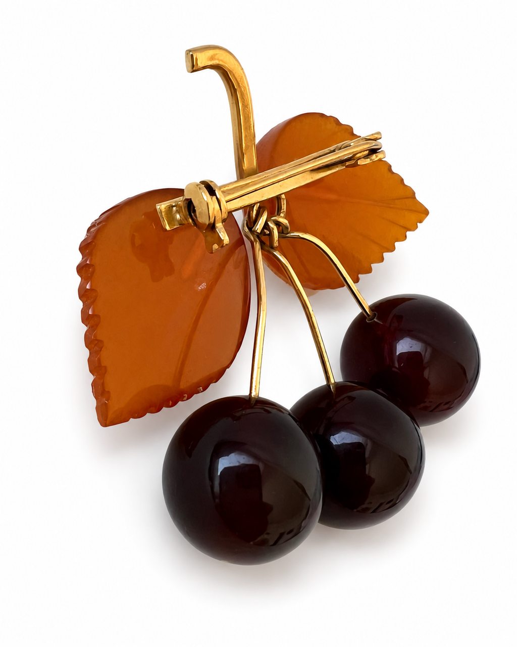 Vintage Amber Cherry Brooch, Soviet Gold Plated Fruit Pin, 1980s USSR Jewellery