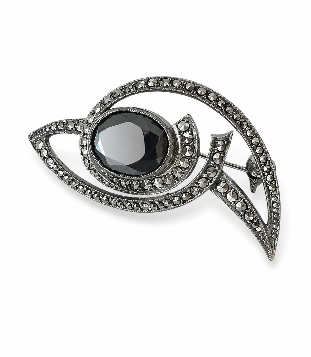 Antique Art Deco 800 Silver Marcasite Hematite Eye Brooch
