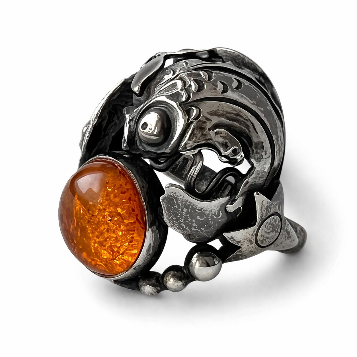 Niels Erik From Danish Sterling Silver Amber Ring Scandinavian Fish Design