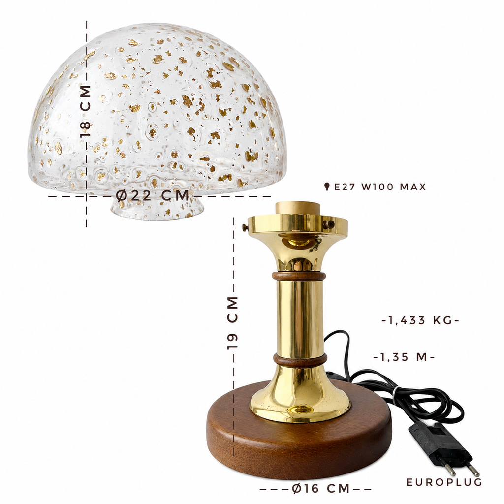 Vintage Helena Tynell Style Bubble Glass Table Lamps, Temde Brass Wood Pair