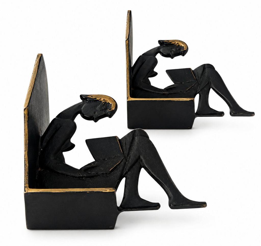 Vintage 1950s Brass Reading Girl Bookends, Black And Gold Mid Century Bookends