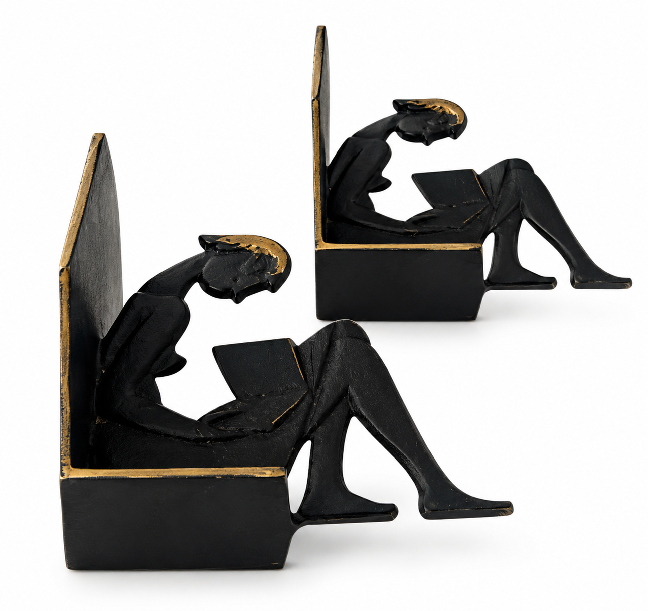 Vintage 1950s Brass Reading Girl Bookends, Black And Gold Mid Century Bookends