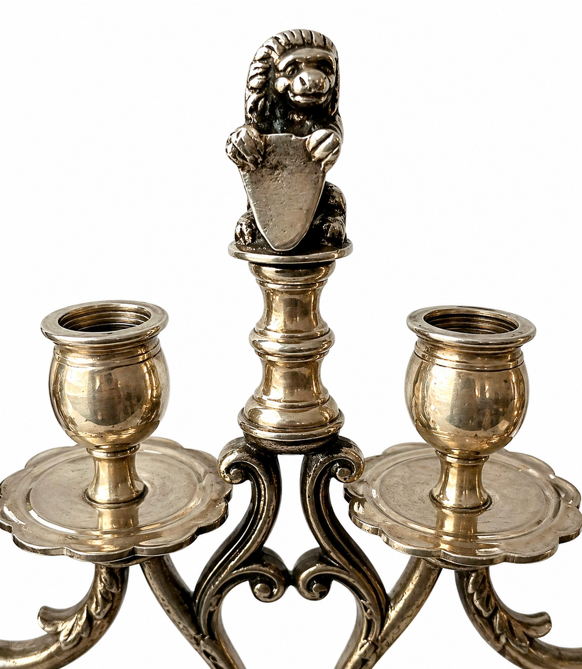 Antique Silver Plated Candelabra Pair, Heraldic Lion Gothic Candle Holders