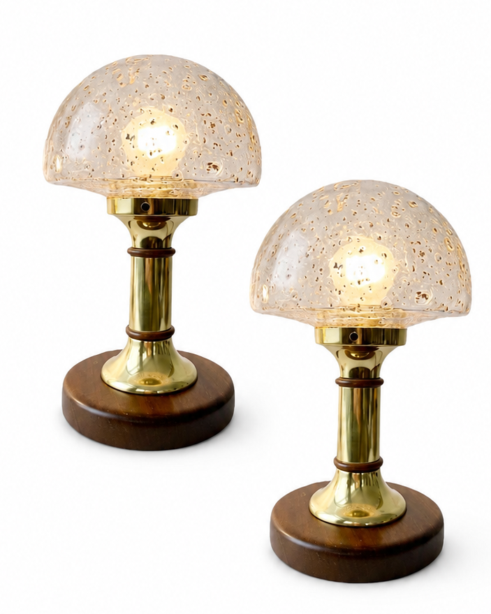 Vintage Helena Tynell Style Bubble Glass Table Lamps, Temde Brass Wood Pair