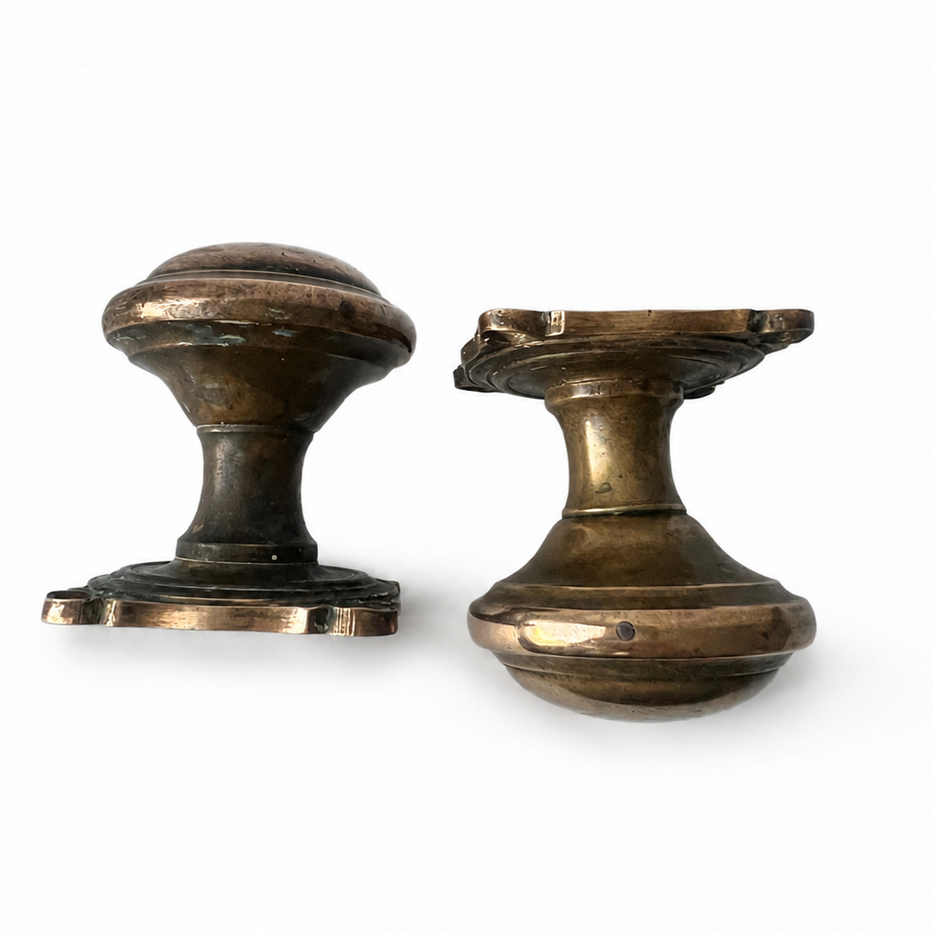 Antique Cast Brass Door Knobs Pair, Heavy Round Handles, Square Backplates