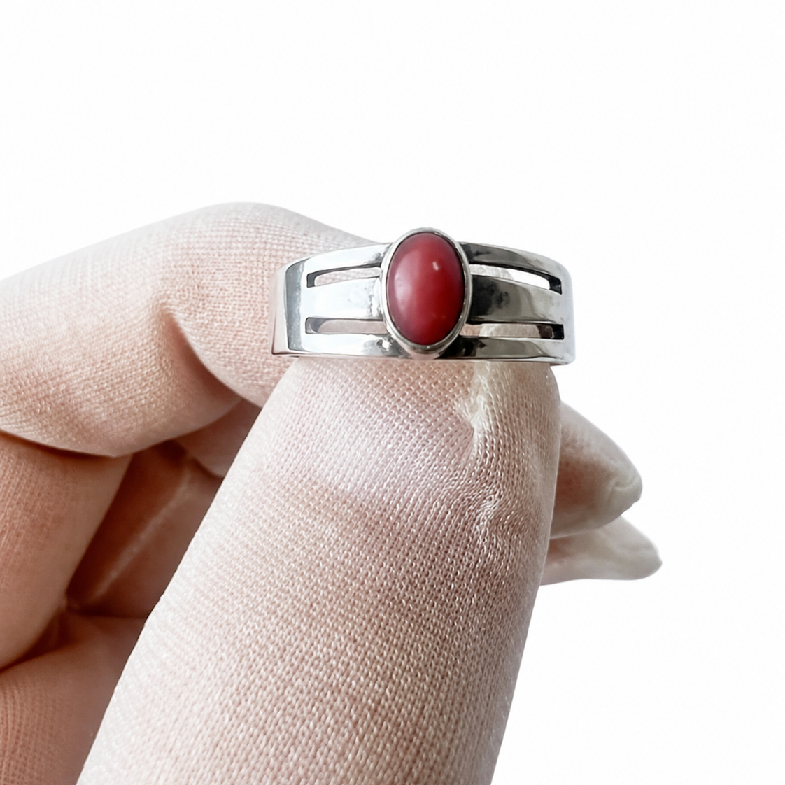 Vintage 835 Silver Red Coral Ring, Modernist Split Band, Size US 6 UK L½