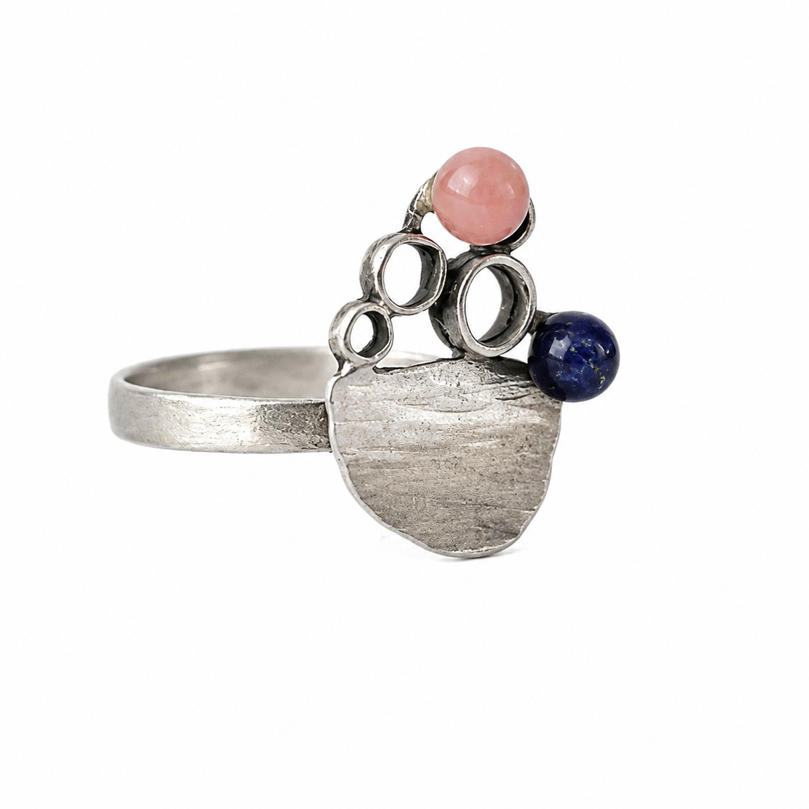 Vintage Modernist 835 Silver Ring, Rose Quartz Lapis Lazuli, Sculptural Statement Ring