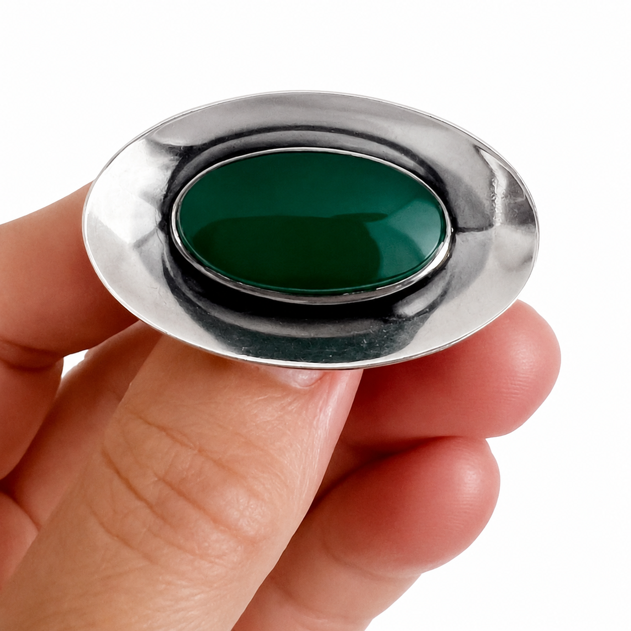 Niels Erik From Chrysoprase Brooch Sterling Silver 925S Danish Scandinavian Modernist Vintage Jewellery