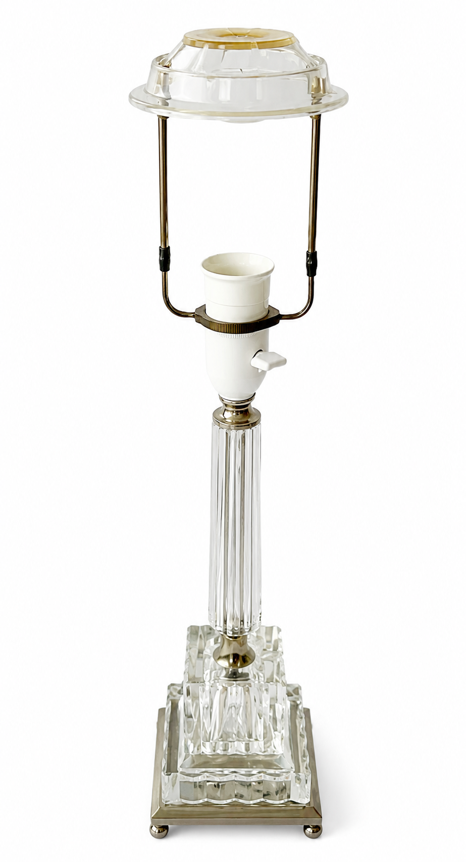 Vintage German Crystal Column Table Lamp, 1960s Neoclassical Glass Lamp With Silver Metal Details