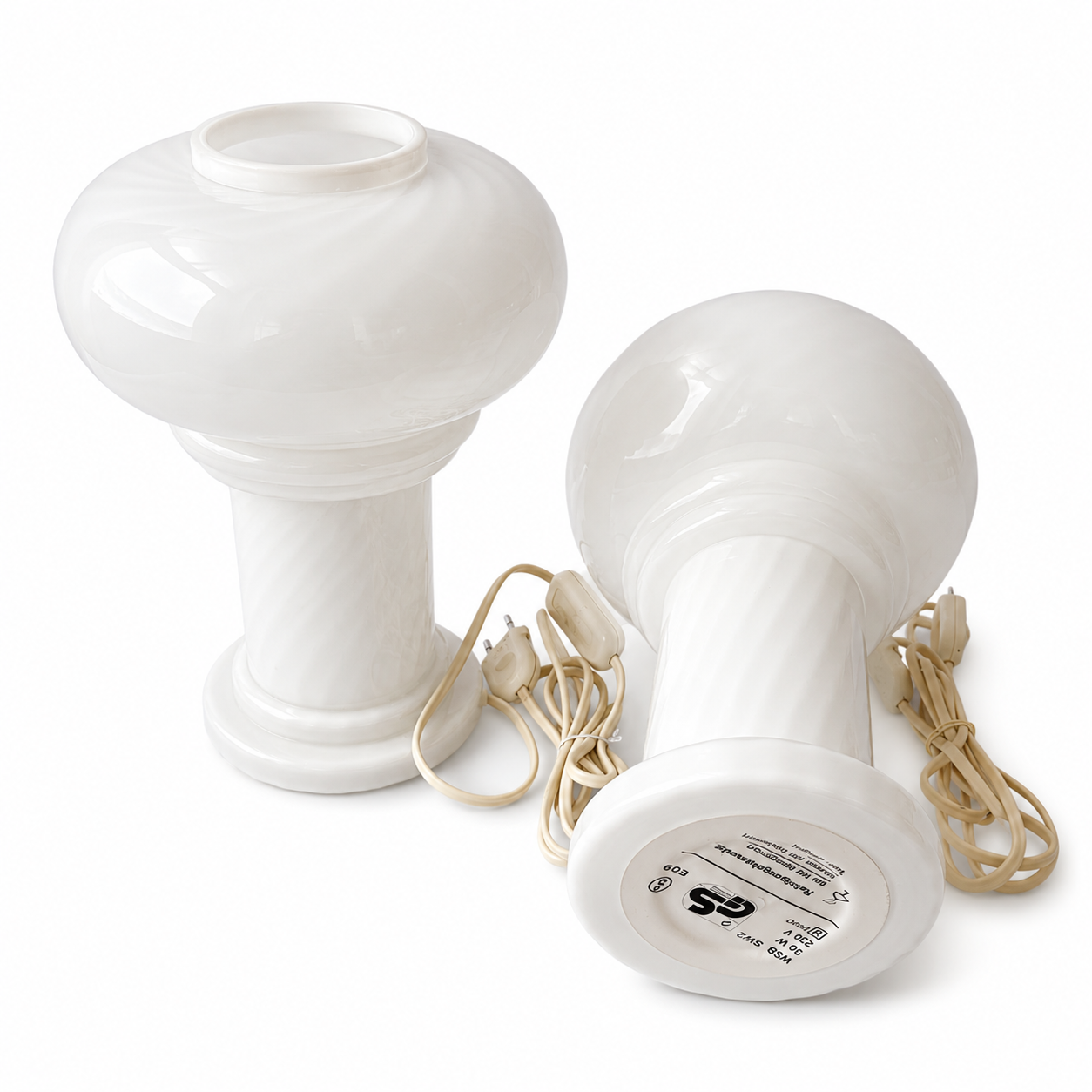 Vintage Pair of West German Mushroom Table Lamps, Opal Swirl Glass, Mid Century Style.