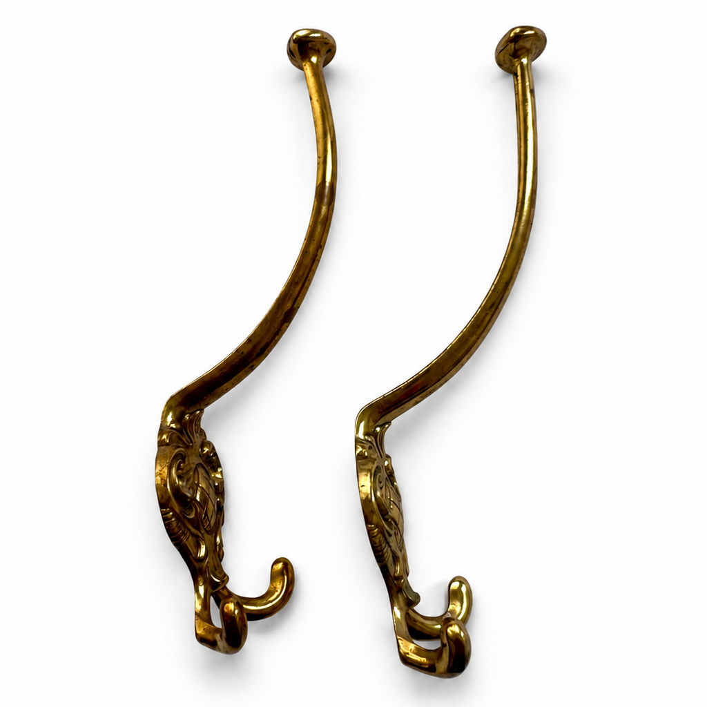 Pair Vintage Double Brass Wall Hooks, Ornate Coat Hat Hangers