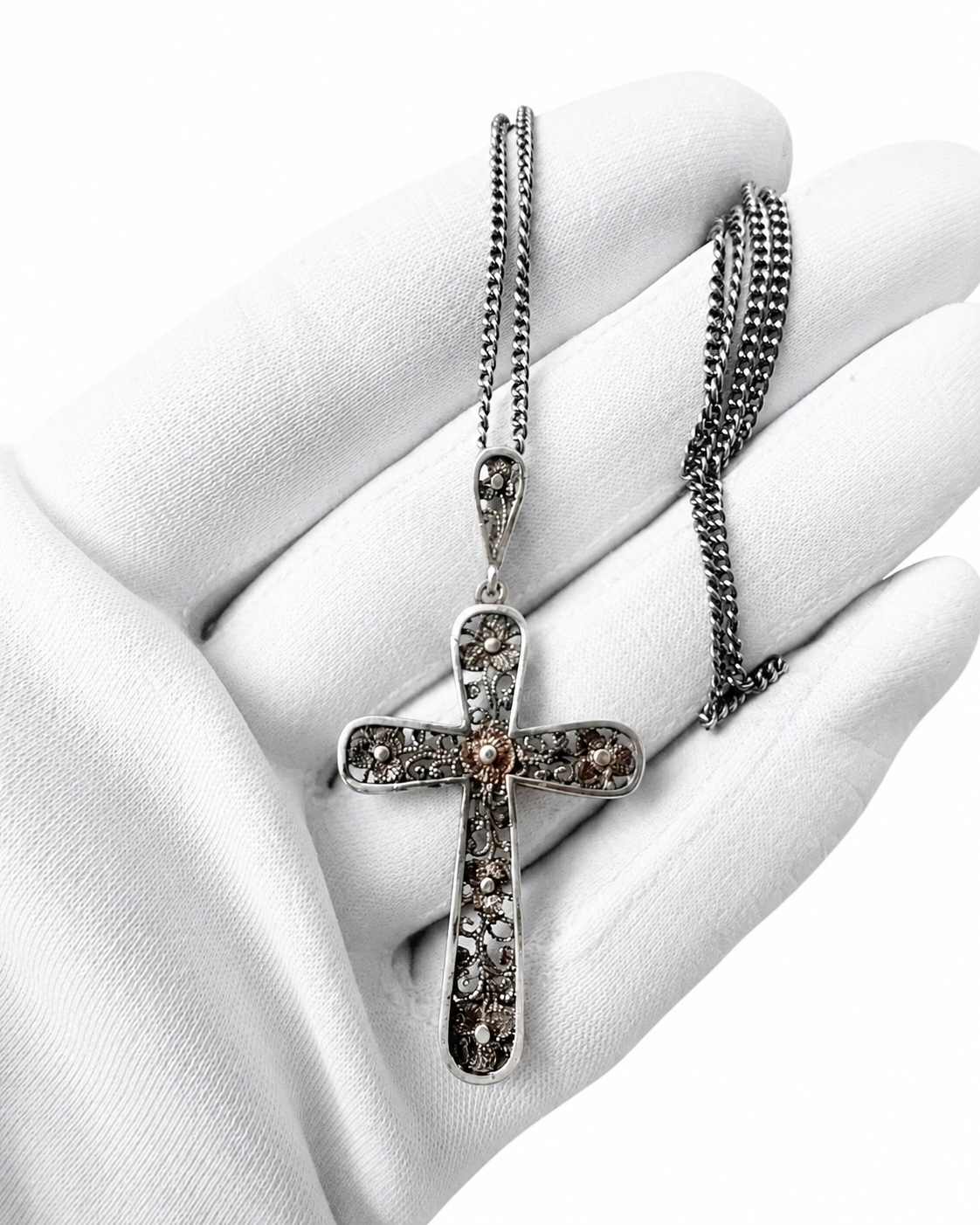 Vintage 835 Silver Filigree Cross Necklace, Floral Openwork Pendant, European Religious Jewellery