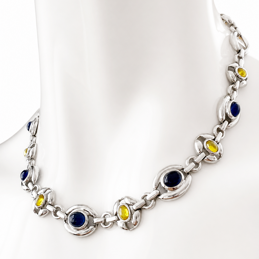 Vintage Italian Sterling Silver Necklace, Blue Yellow Glass Cabochons, 925 Modernist Link Chain