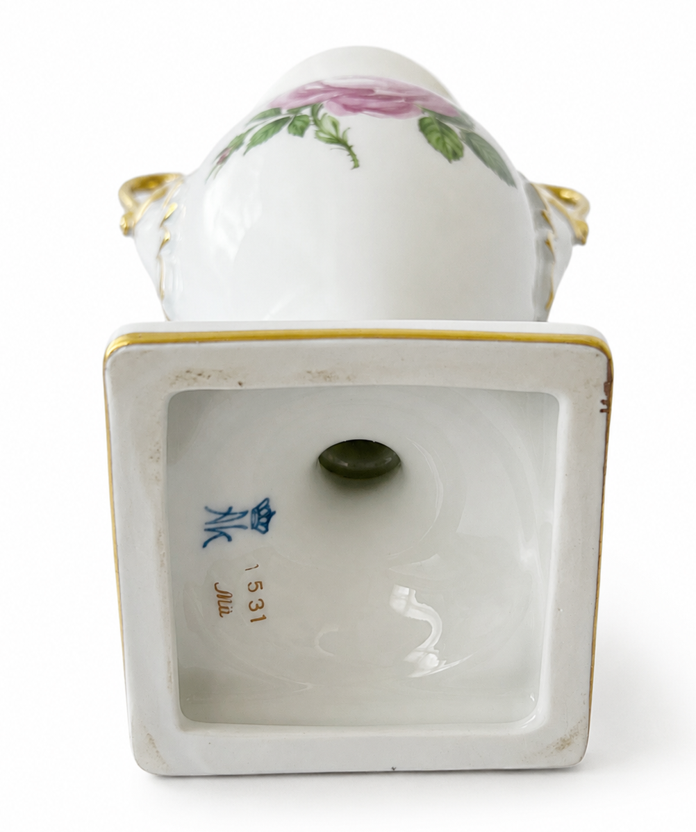 AK Kaiser Amphora Vase, Moss Rose Porcelain Swan Handle Vase, 24K Gold, West Germany