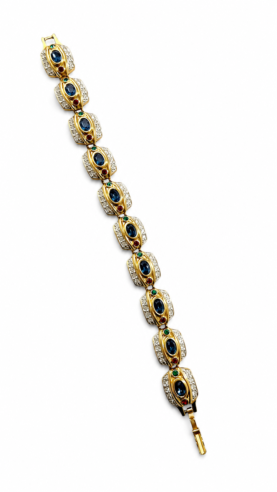 Vintage Gold Tone Multicolour Rhinestone Bracelet, Signed Statement Costume Jewellery