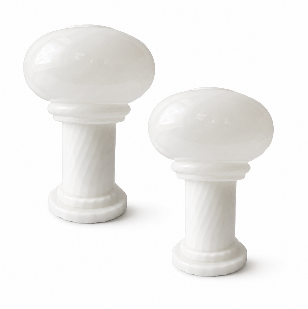 Vintage Pair of West German Mushroom Table Lamps, Opal Swirl Glass, Mid Century Style.