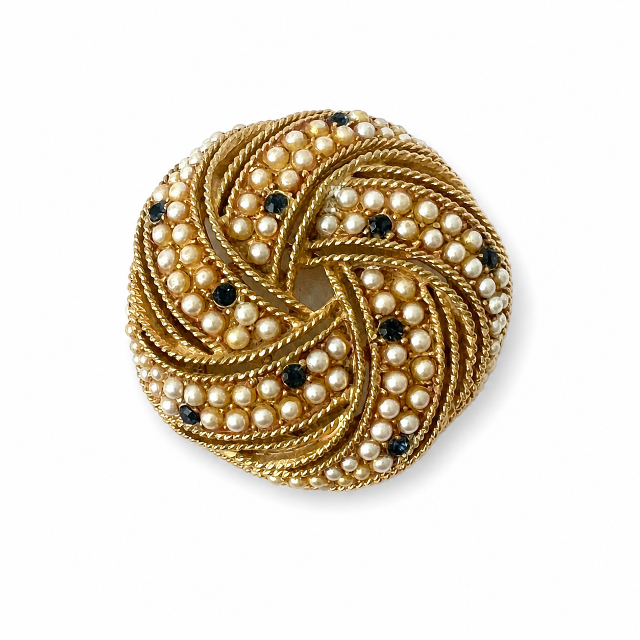 Title Vintage Love Knot Ribbon Brooch Gold Tone Faux Pearl Blue Rhinestone Pin 1970s
