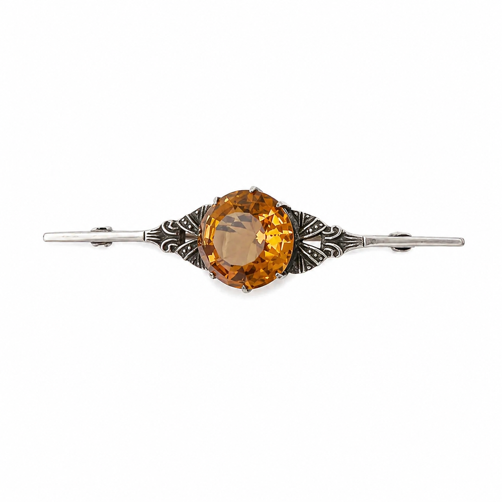 Art Deco Bar Brooch Orange Stone Silver Filigree 1920s Vintage Pin