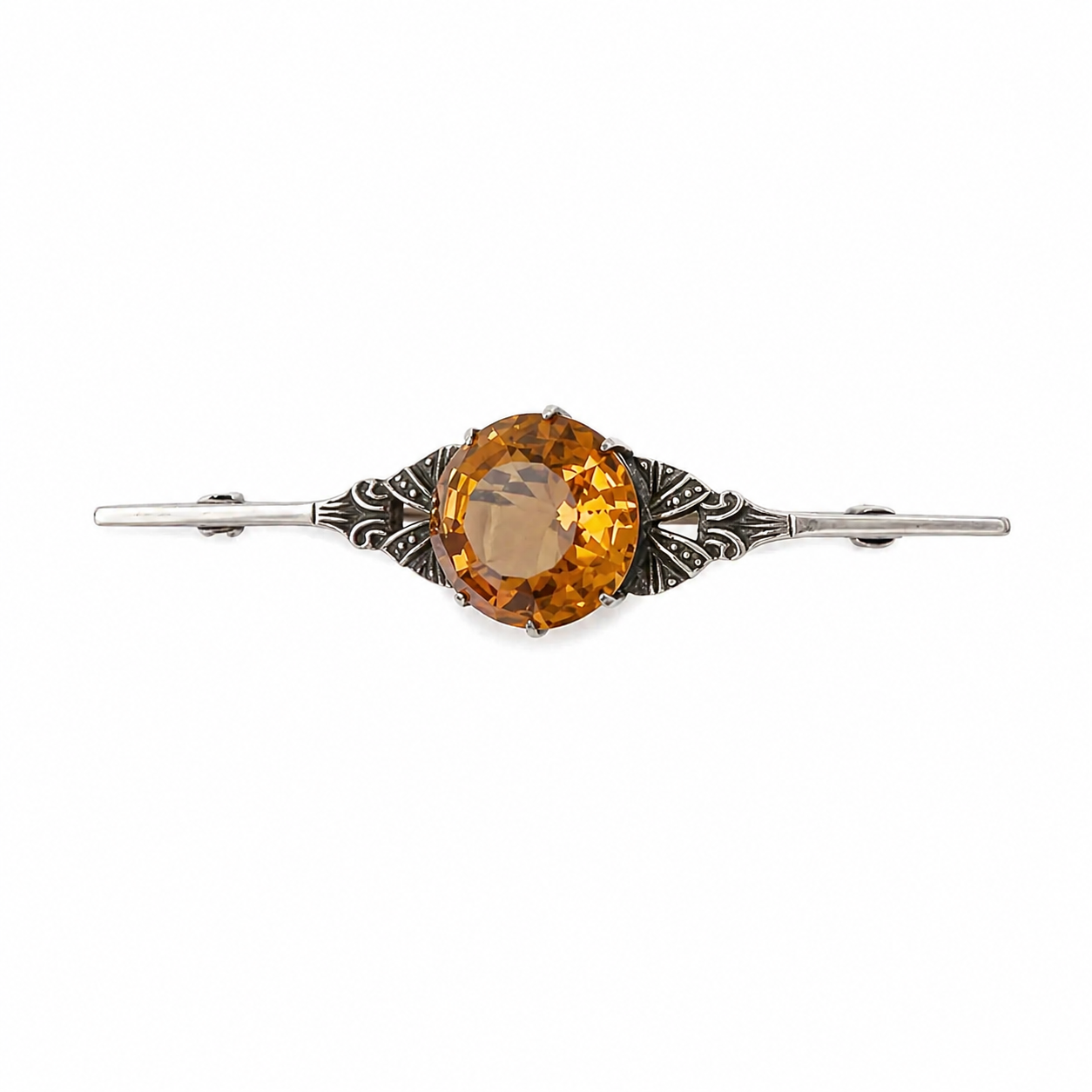 Art Deco Bar Brooch Orange Stone Silver Filigree 1920s Vintage Pin