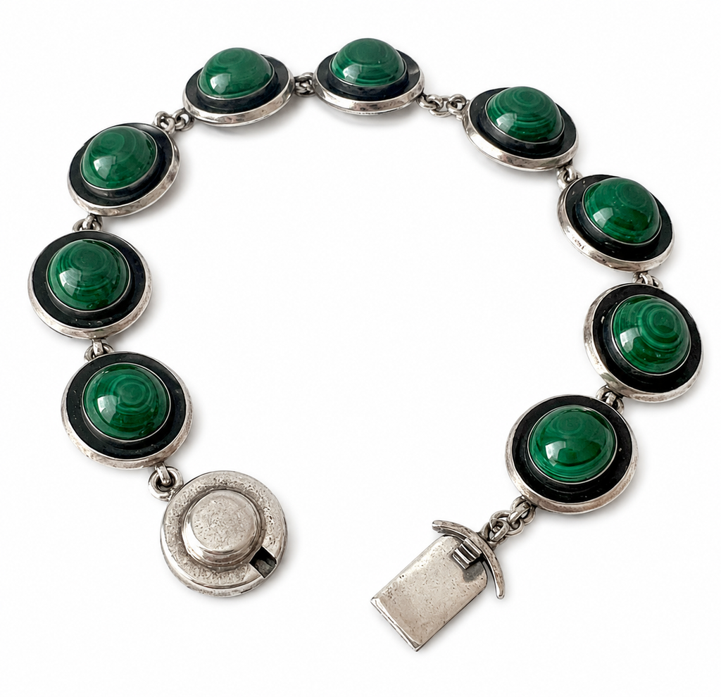 Vintage Malachite Bracelet, Sterling Silver, Danish Modernist, Niels Erik From