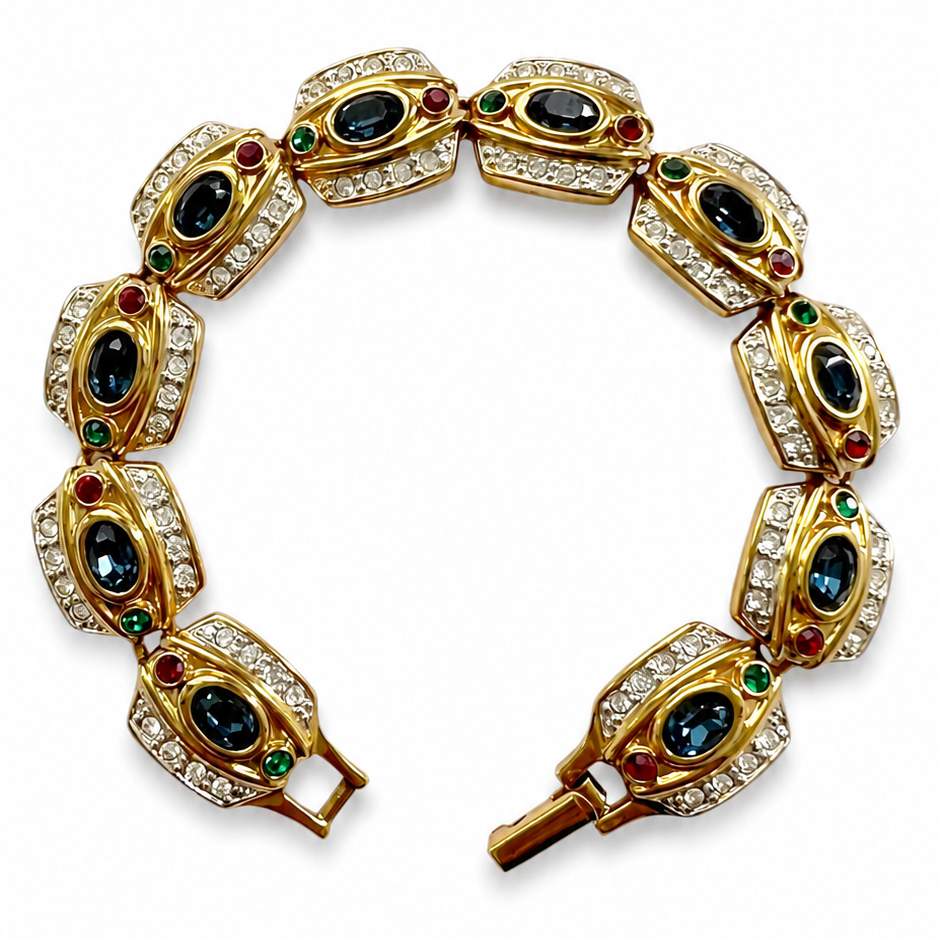 Vintage Gold Tone Multicolour Rhinestone Bracelet, Signed Statement Costume Jewellery