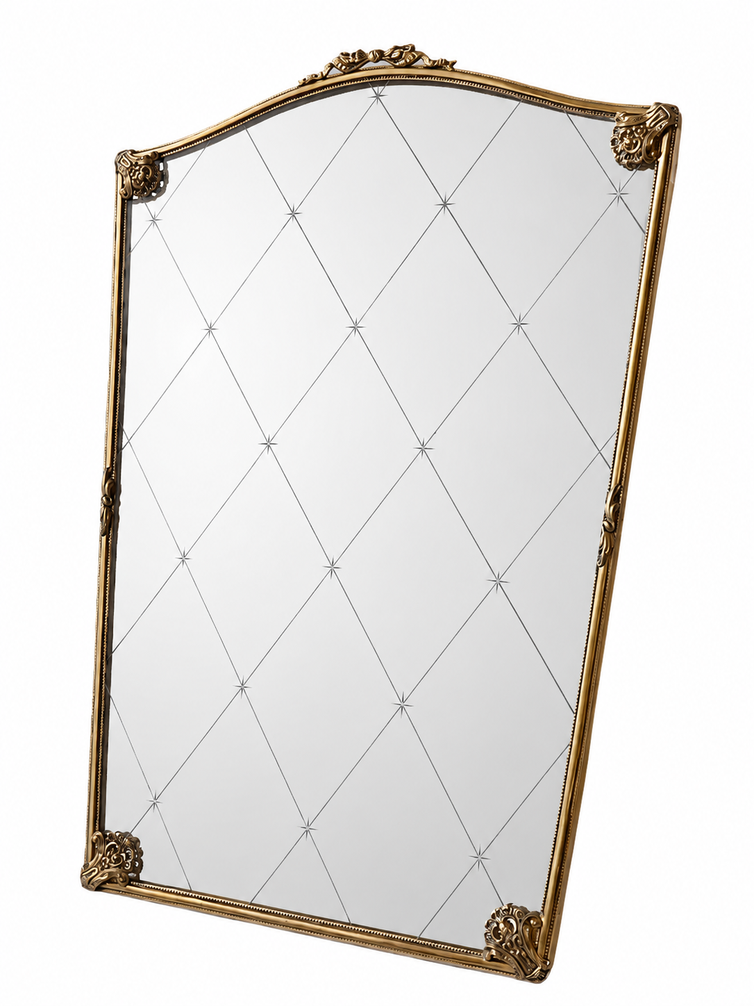 Vintage Bronze Vanity Wall Mirror With Ribbon Frame And Diamond Cut Glass