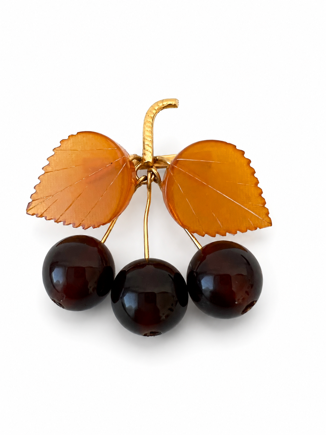 Vintage Amber Cherry Brooch, Soviet Gold Plated Fruit Pin, 1980s USSR Jewellery